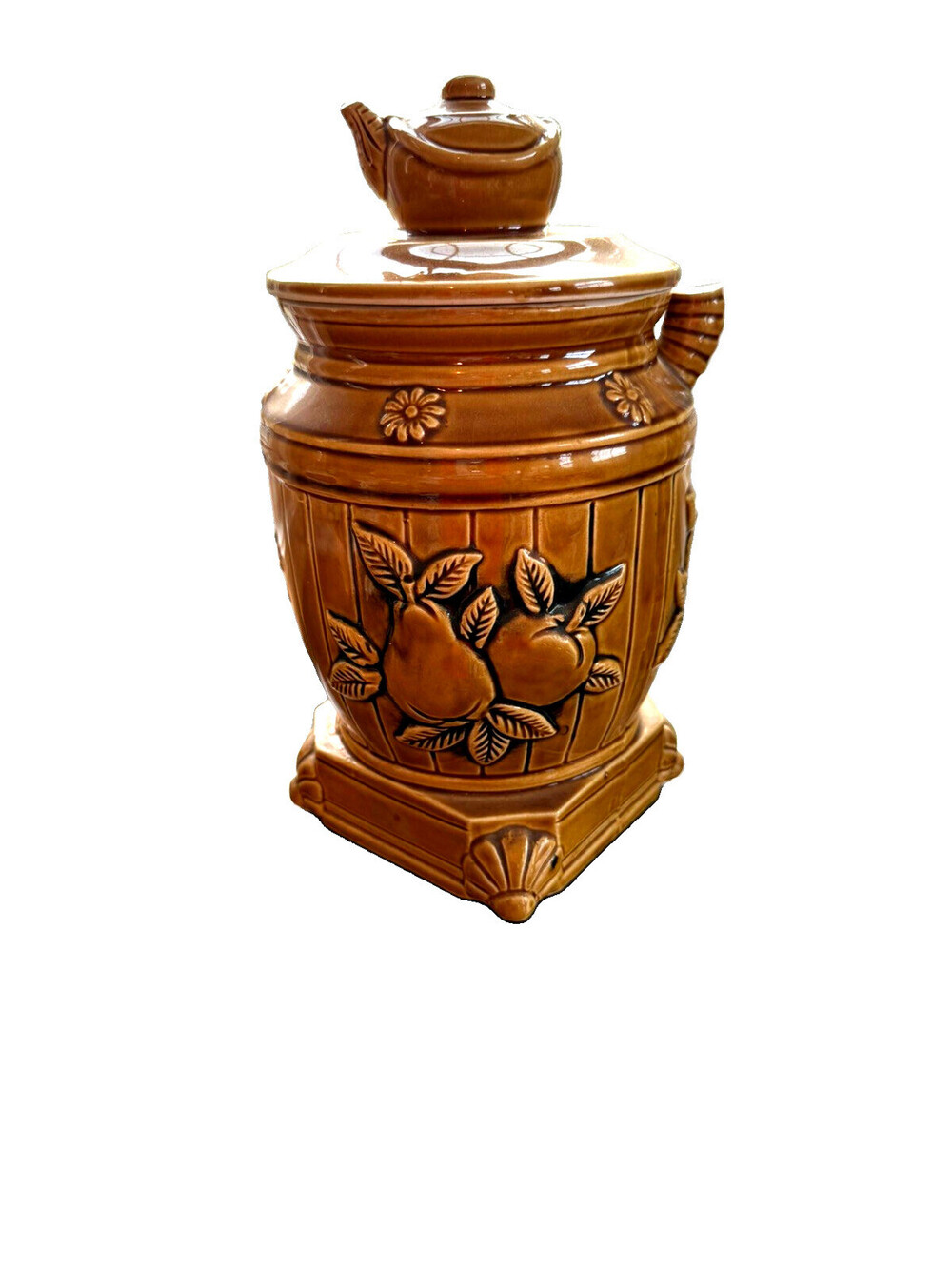 Vtg Enesco Ceramic Cookie Jar Pot Belly Stove Design JAPAN Brown Farmhouse